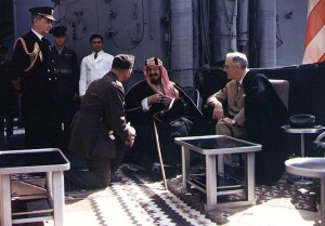 President Roosevelt with Abdel Aziz Ibn Saud and William Leahy aboard the USS Quincy, 1945